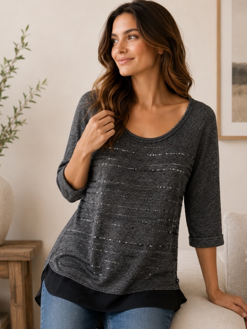 Victoria's Secret Boat Neckline 3/4 Sleeves Sequined Gray Sweatshirt Size XS
